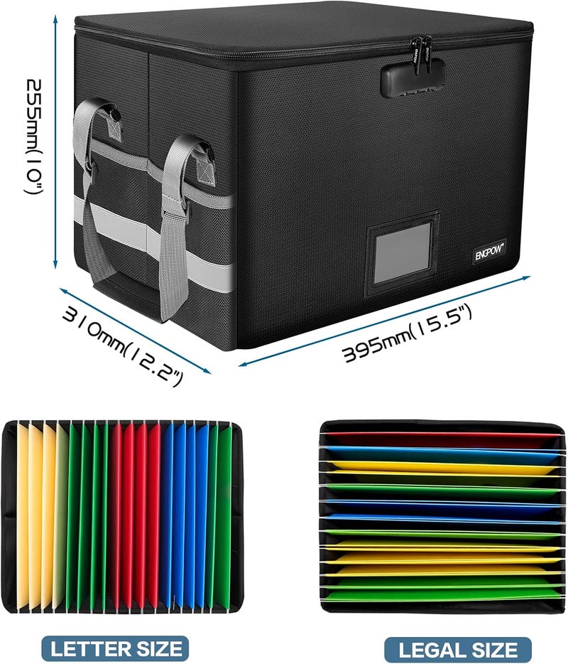 ENGPOW File Box with Lock,Fireproof Document Box with Zipper＆Pockets,Collapsible File Organizer Filing Storage Cabinet with Handle,Portable Home Office Safe for Hanging Letter/Legal Folder,Black - Image 2