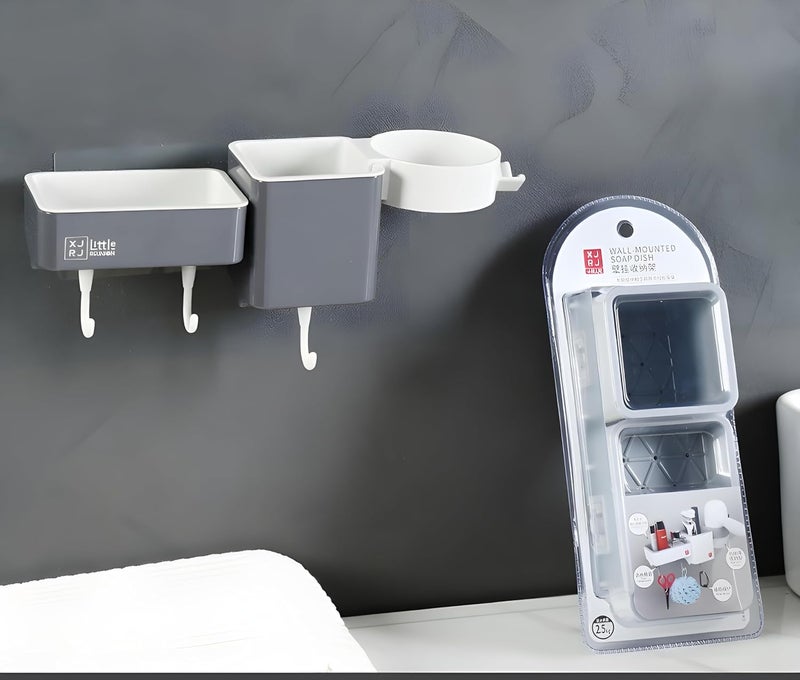 Jinila Wall Mounted Toothbrush Holder with Soap Dish Hair Dryer Storage and 3 Hanging Hook Bathroom and Wash Basin Organiser Pack of 1 Gray and Cream - Image 3