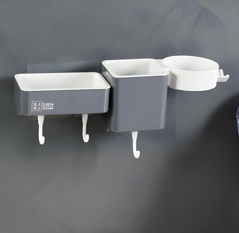 Jinila Wall Mounted Toothbrush Holder with Soap Dish Hair Dryer Storage and 3 Hanging Hook Bathroom and Wash Basin Organiser Pack of 1 Gray and Cream - Image 1