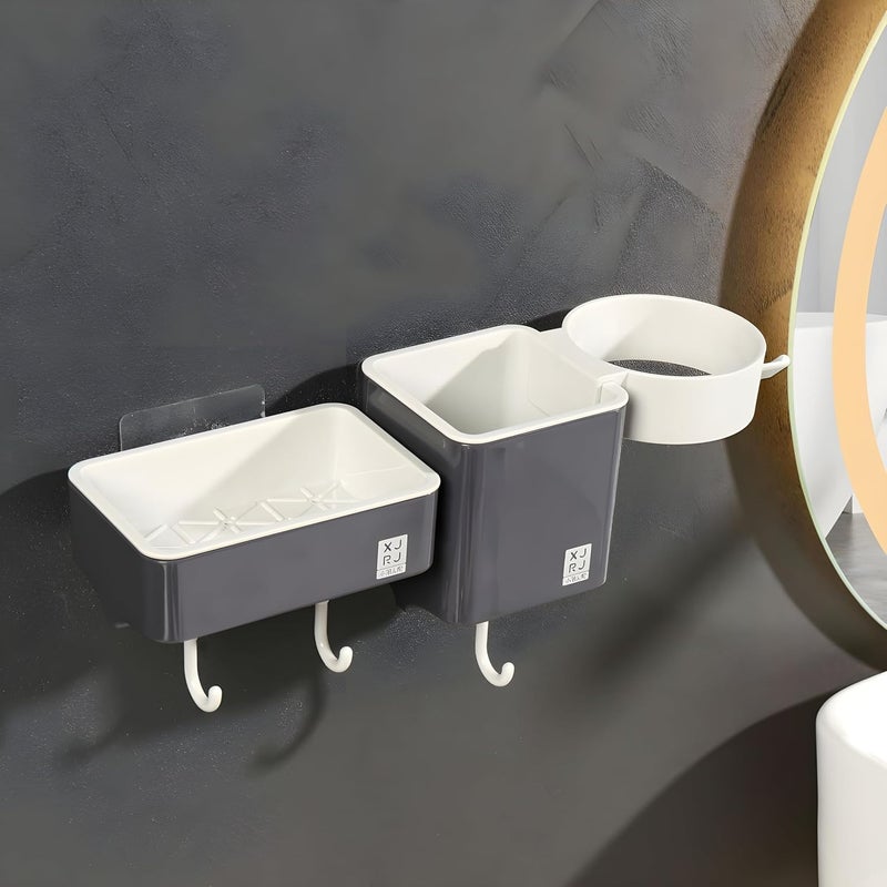 Jinila Wall Mounted Toothbrush Holder with Soap Dish Hair Dryer Storage and 3 Hanging Hook Bathroom and Wash Basin Organiser Pack of 1 Gray and Cream - Image 2