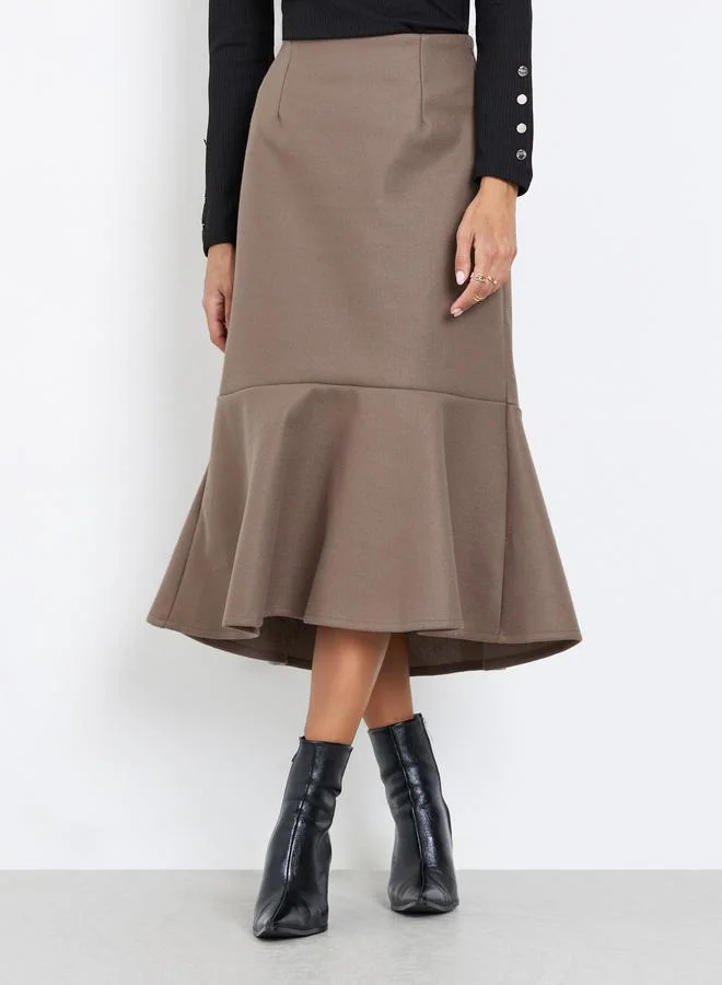 Styli Women Brown Plain Wool Like Midi Fit and Flare Skirt