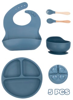 Super ZYouth 5-Pieces Silicone Baby Feeding Set, Baby Led Weaning Supplies with Suction Bowl and Divided Plate, Wooden Spoon and Fork, Toddler Tableware Set with Adjustable Soft Silicone Bib  - Image 1