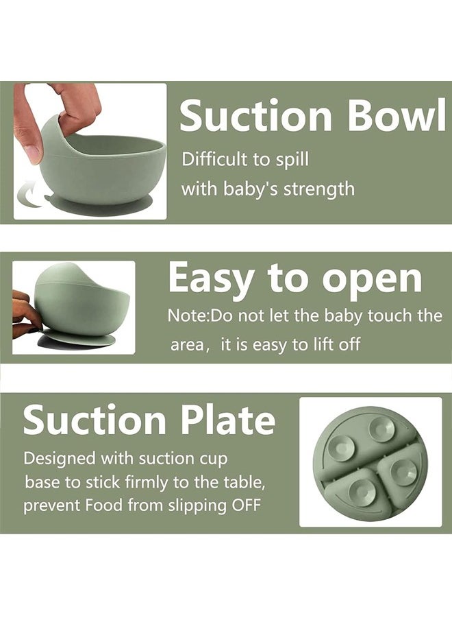 Super ZYouth - 5-Pieces Silicone Baby Feeding Set, Baby Led Weaning Supplies with Suction Bowl and Divided Plate, Wooden Spoon and Fork, Toddler Tableware Set with Adjustable Soft Silicone Bib - Image 1