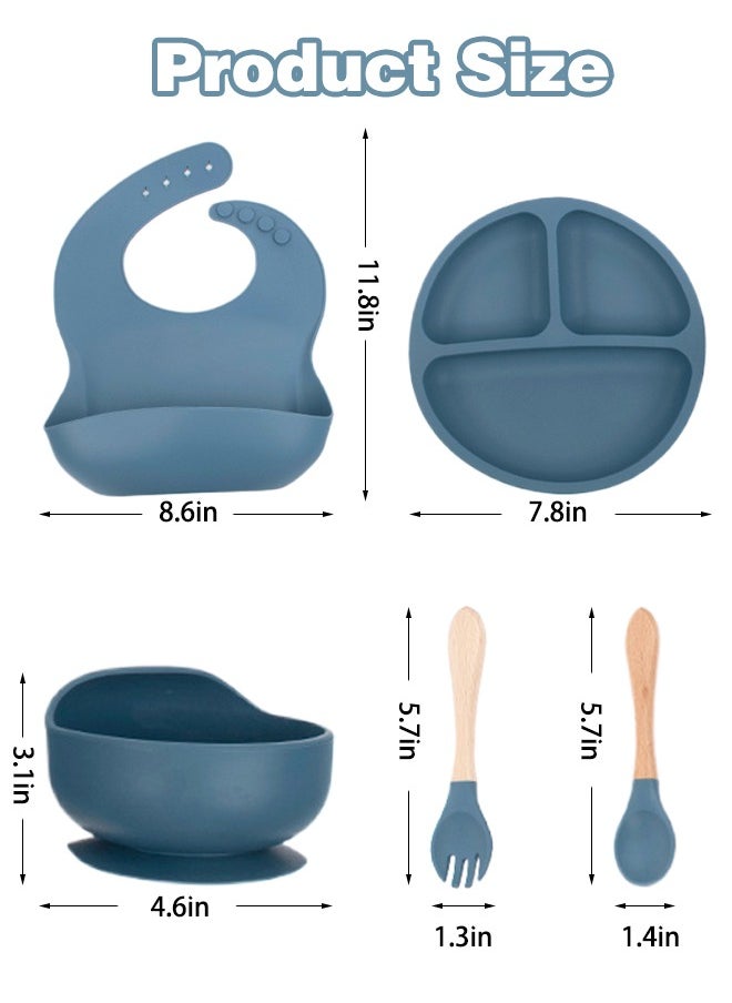 Super ZYouth - 5-Pieces Silicone Baby Feeding Set, Baby Led Weaning Supplies with Suction Bowl and Divided Plate, Wooden Spoon and Fork, Toddler Tableware Set with Adjustable Soft Silicone Bib - Image 1