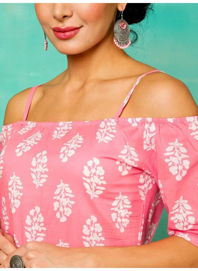 أيه كيه إس Pink & White Printed Flared Dress
