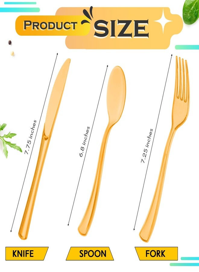 Minatee 150 Pieces Disposable Cutlery Set Plastic Silverware Heavy Duty Utensil Sets 50 Forks 50 Knives 50 Spoons for Home Office School Party Picnics Restaurant Outdoor Events(Orange) - Image 3