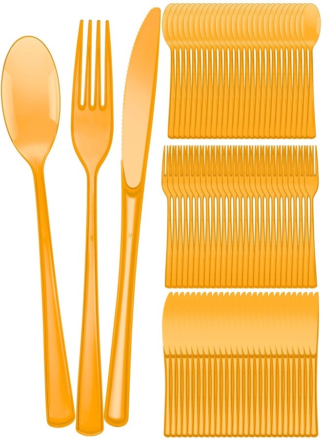 Minatee 150 Pieces Disposable Cutlery Set Plastic Silverware Heavy Duty Utensil Sets 50 Forks 50 Knives 50 Spoons for Home Office School Party Picnics Restaurant Outdoor Events(Orange) - Image 1