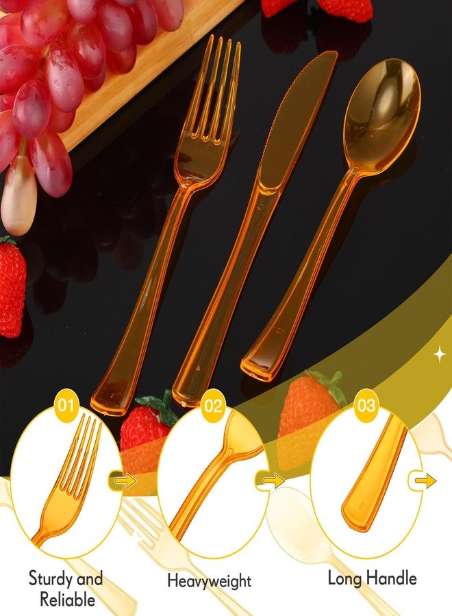 Minatee 150 Pieces Disposable Cutlery Set Plastic Silverware Heavy Duty Utensil Sets 50 Forks 50 Knives 50 Spoons for Home Office School Party Picnics Restaurant Outdoor Events(Orange) - Image 4