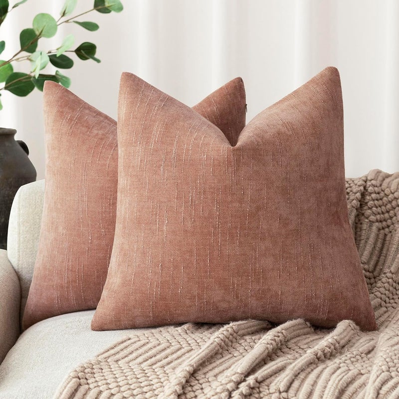 Foindtower Pack of 2 Textured Chenille Throw Decorative Pillow Covers Square Accent Solid Cushion Cover Neutral Farmhouse Pillow Case for Couch Sofa Bedroom Living Room 24x24 Inch,Dusty Pink - Image 1