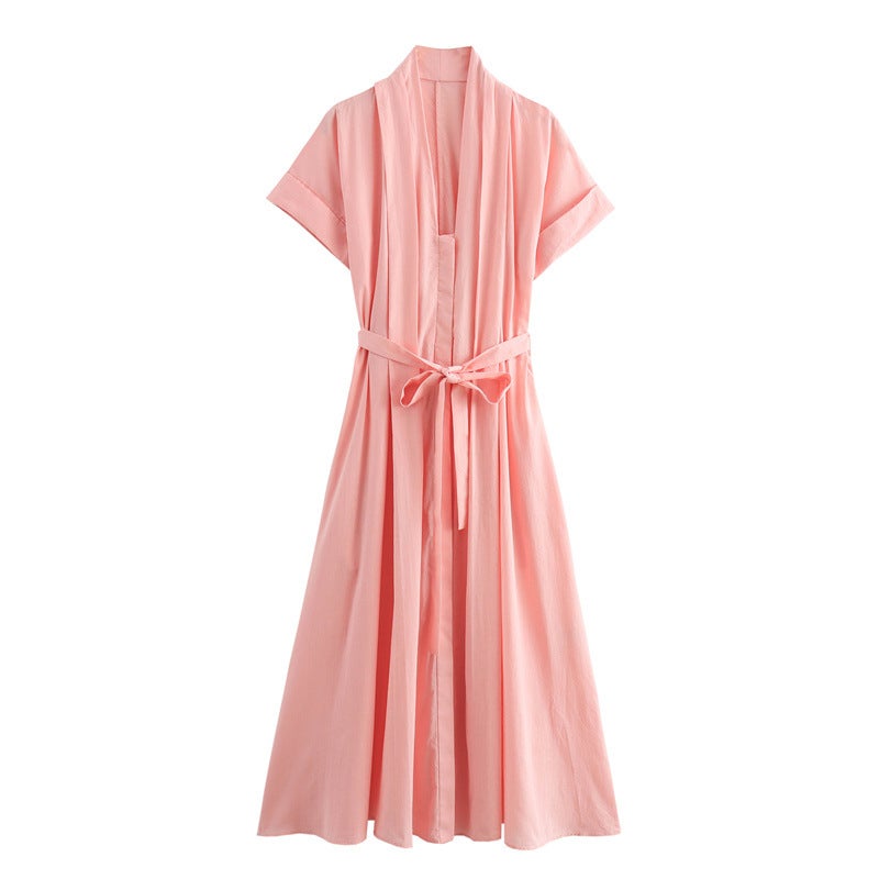 2024 Summer New Womens European and American Style Solid Color All-match Solid Color Waist Belt Shirt Trousers dress 10542 Lace-Up Powder Short-Sleeve Skirt