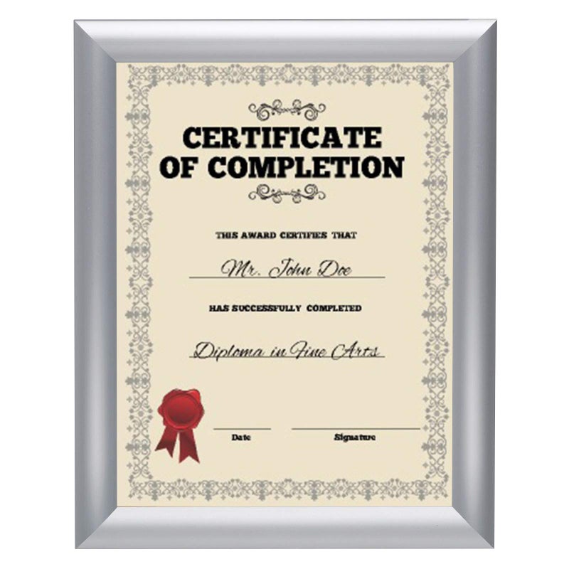 SnapeZo Certificate Frame 8.5x11 Inches, Silver 1 Inch Aluminum Profile, Front-Loading Snap Frame, Wall Mounting, Sleek Series - Image 1