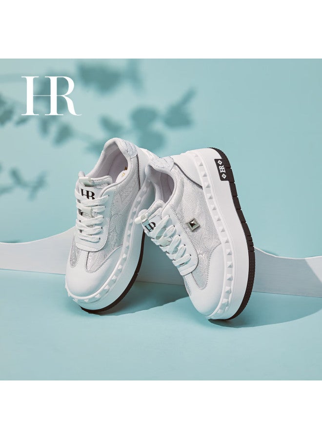 Hrhr Women's Shoes  Autumn Winter New Versatile White Thick Sole Casual Embroidered Sneakers White Size 38 - Image 1