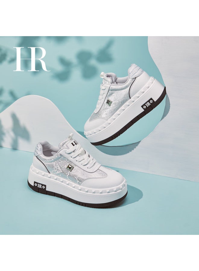 Hrhr Women's Shoes  Autumn Winter New Versatile White Thick Sole Casual Embroidered Sneakers White Size 38 - Image 2