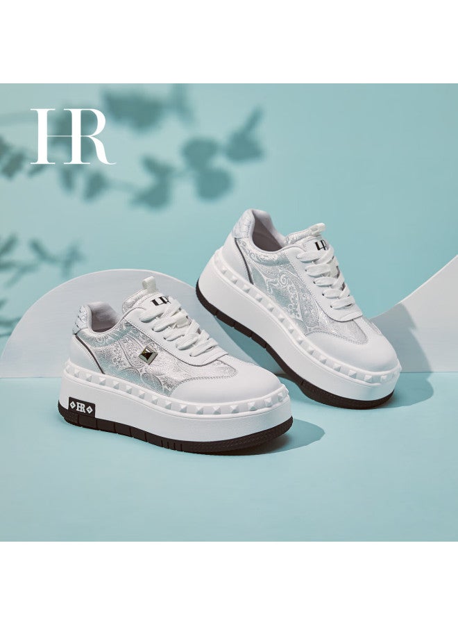 Hrhr Women's Shoes  Autumn Winter New Versatile White Thick Sole Casual Embroidered Sneakers White Size 38 - Image 4