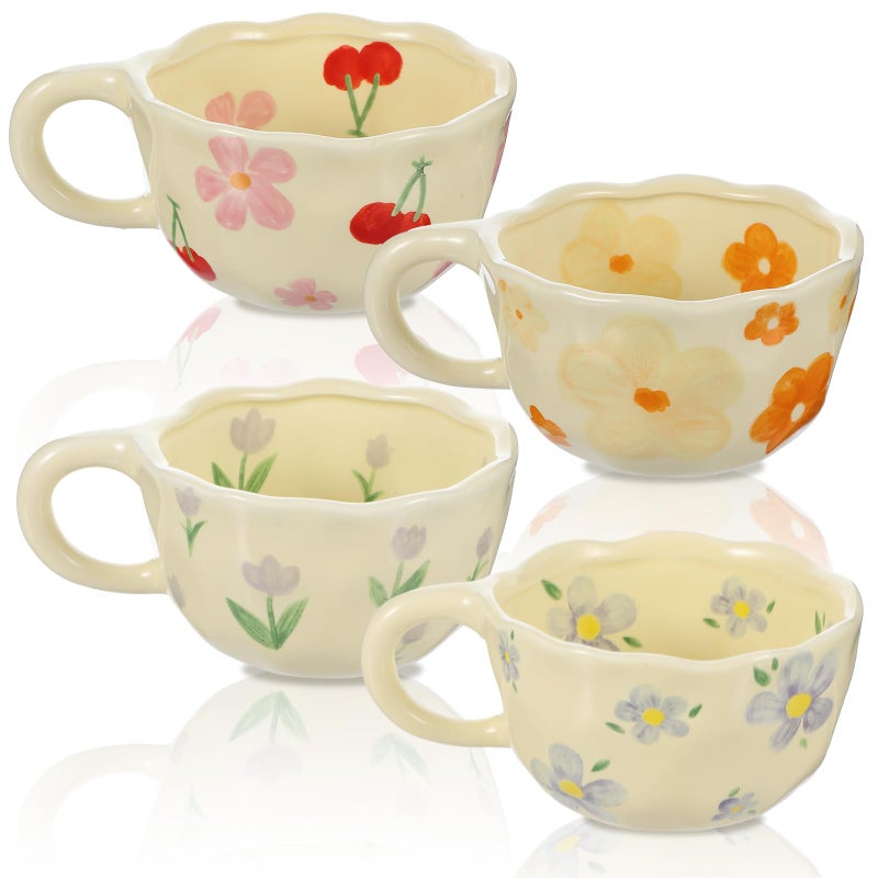 Lemecima 4 Styles Cute Ceramic Flower Coffee Mug Set 8.5 oz Vintage Aesthetic Porcelain Floral Tea Coffee Cup with Handle Dishwasher Microwave Safe for Thanksgiving Christmas Gifts for Women Gifts - Image 1