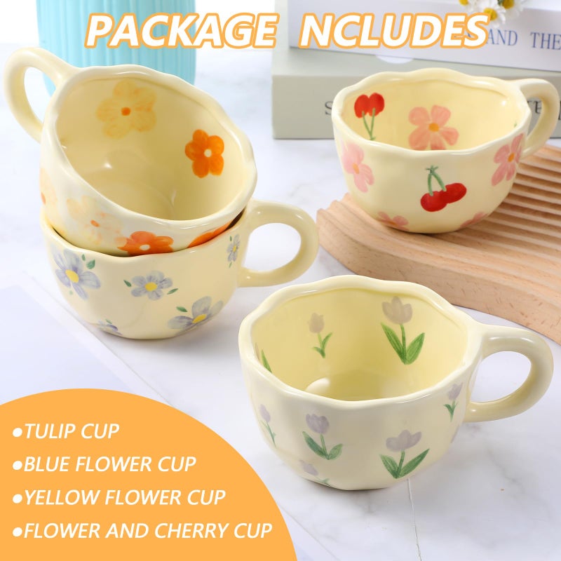 Lemecima 4 Styles Cute Ceramic Flower Coffee Mug Set 8.5 oz Vintage Aesthetic Porcelain Floral Tea Coffee Cup with Handle Dishwasher Microwave Safe for Thanksgiving Christmas Gifts for Women Gifts - Image 3