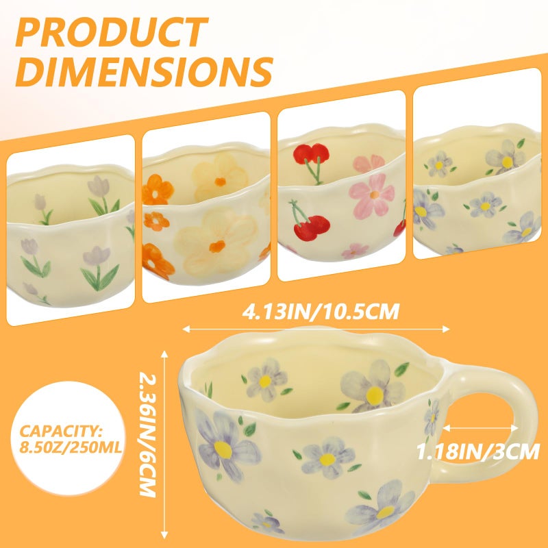 Lemecima 4 Styles Cute Ceramic Flower Coffee Mug Set 8.5 oz Vintage Aesthetic Porcelain Floral Tea Coffee Cup with Handle Dishwasher Microwave Safe for Thanksgiving Christmas Gifts for Women Gifts - Image 2