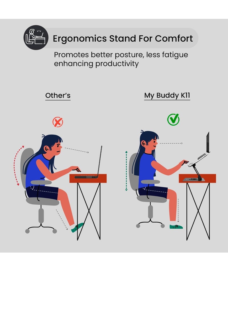 MyBuddy K11 Metal Laptop Stand 360 Degree Rotation Adjustable Height and Angle Foldable Design Good Airflow Carbon Steel Frame Max Weight 10kg for Laptops MacBook Black - Image 4