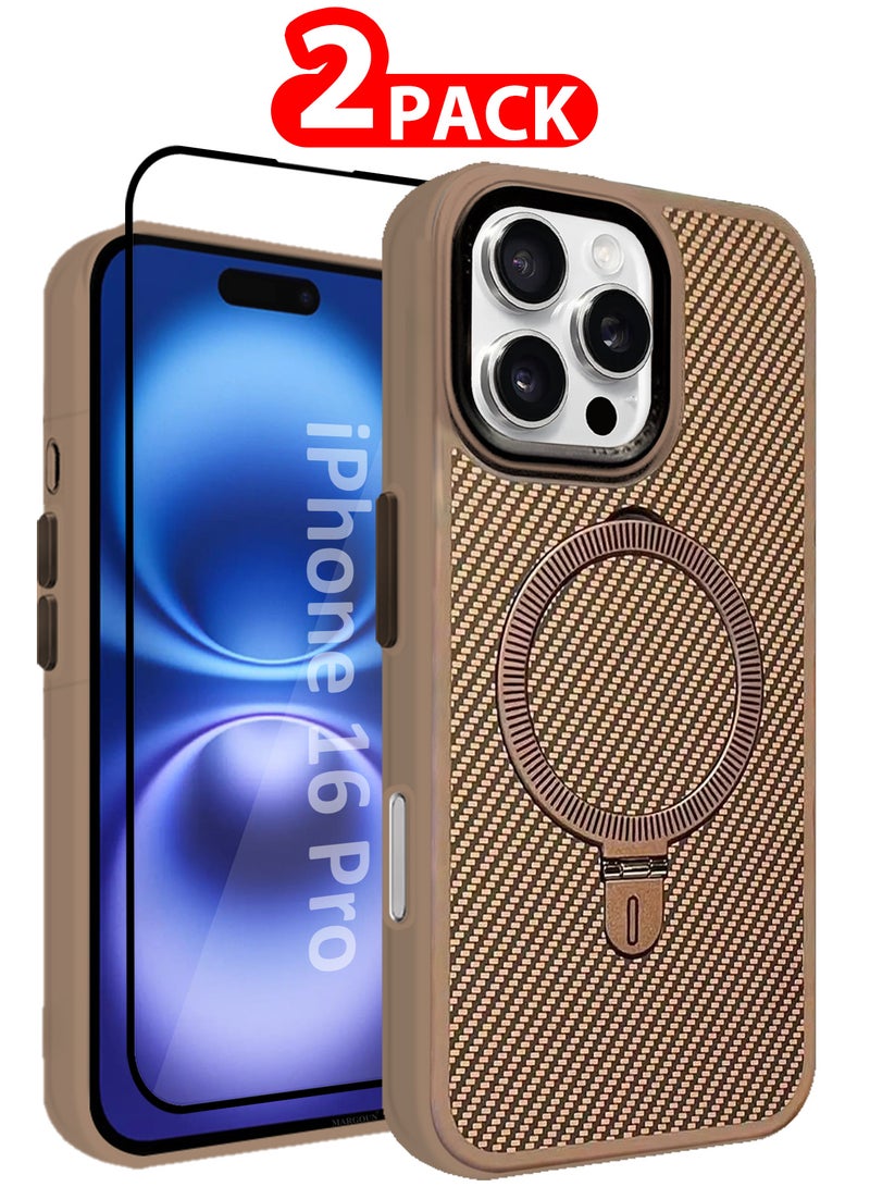 CATANES ( for iPhone 16 Pro ) 2Packs, Carbon Fiber Case Cover, Kickstand  Metal Bracket, Magsafe Compatible with Shockproof Screen Protector - Beige - Image 1