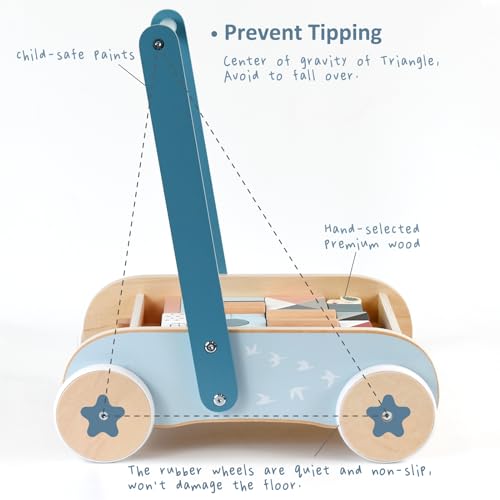 PairPear Wooden Baby Walker with Blocks & Brake – Montessori Push Cart, Adjustable Speed, Anti-Slip Wheels, Gift for 1-3 Y Boys & Girls - Image 3