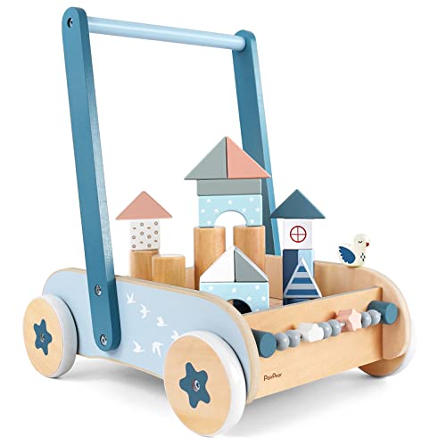 PairPear Wooden Baby Walker with Blocks & Brake – Montessori Push Cart, Adjustable Speed, Anti-Slip Wheels, Gift for 1-3 Y Boys & Girls - Image 1