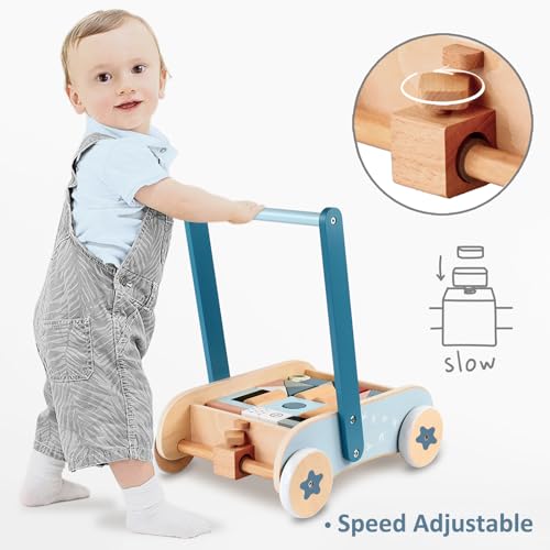 PairPear Wooden Baby Walker with Blocks & Brake – Montessori Push Cart, Adjustable Speed, Anti-Slip Wheels, Gift for 1-3 Y Boys & Girls - Image 2