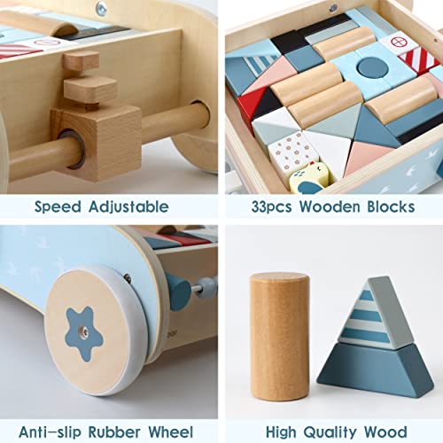 PairPear Wooden Baby Walker with Blocks & Brake – Montessori Push Cart, Adjustable Speed, Anti-Slip Wheels, Gift for 1-3 Y Boys & Girls - Image 4