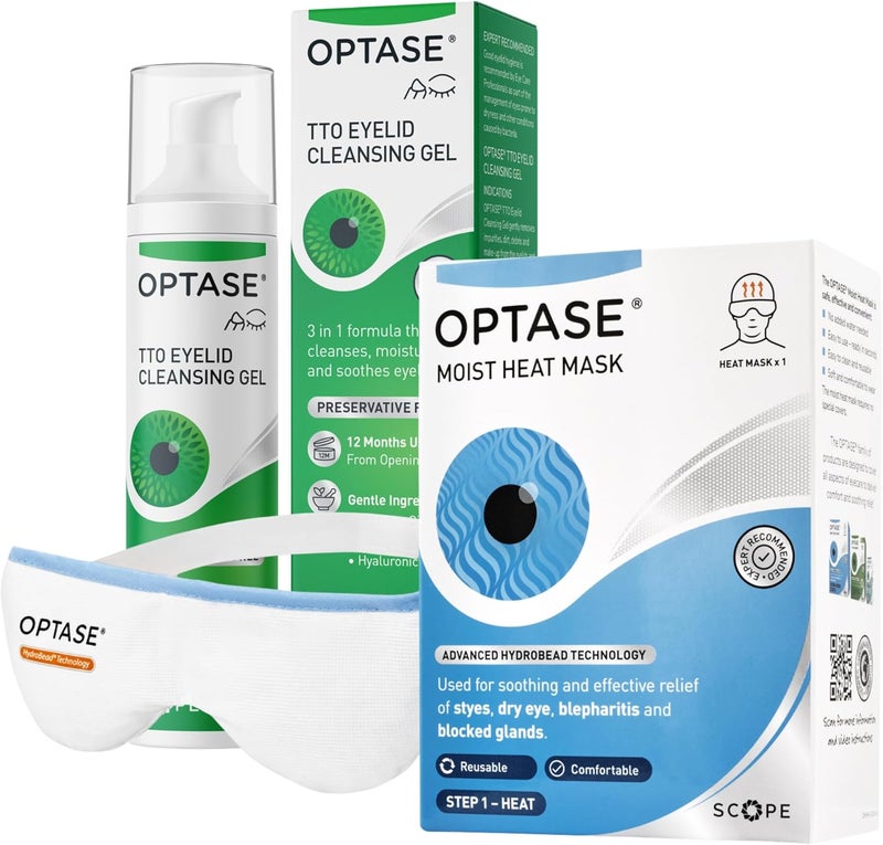 Optase Moist Heat Eye Mask Tea Tree Oil Eyelid Cleansing Gel for Dry Eyes Blepharitis MGD Styes Daily Eye Care Duo Reusable Heated Mask with Hydrobeads PreservativeFree Cleansing Gel Form