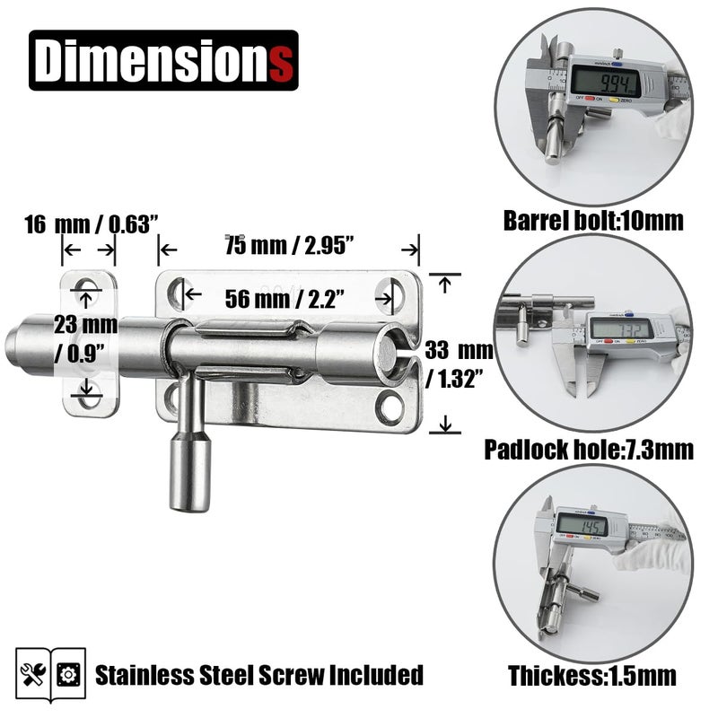 JQK Door Latch Lock Barrel Bolt 4 Inch, 304 Stainless Steel Slide Gate Latches Security Thickened 1.4mm with Padlock Hole, Silver, 2 Pack HBB120-P2 - Image 2