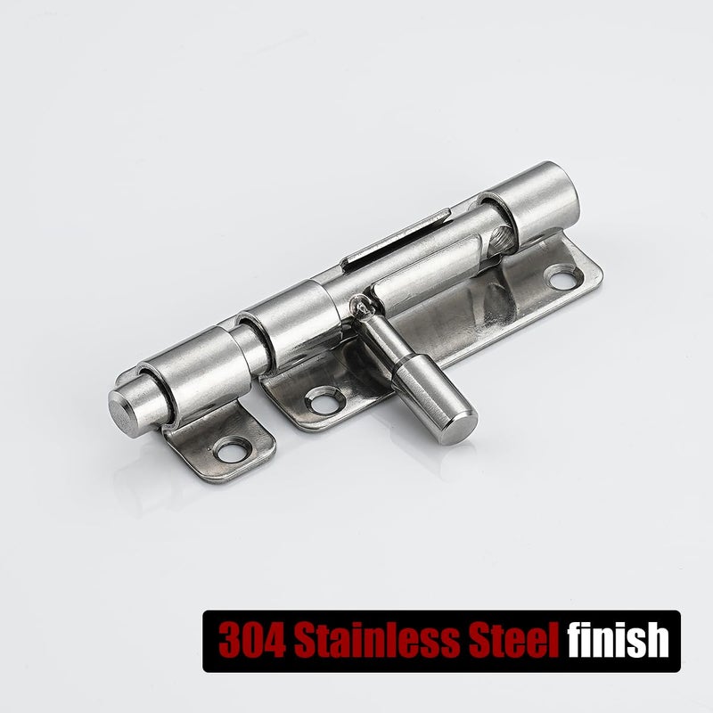 JQK Door Latch Lock Barrel Bolt 4 Inch, 304 Stainless Steel Slide Gate Latches Security Thickened 1.4mm with Padlock Hole, Silver, 2 Pack HBB120-P2 - Image 3