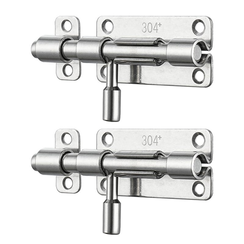 JQK Door Latch Lock Barrel Bolt 4 Inch, 304 Stainless Steel Slide Gate Latches Security Thickened 1.4mm with Padlock Hole, Silver, 2 Pack HBB120-P2 - Image 1
