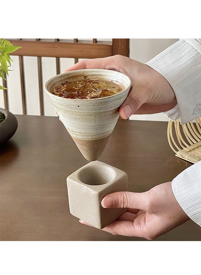 هومستر كأس إسبريسو الخشنة السيراميك ، الشاي الشخصي الخمر الفخار الفخار كوب القمع كوب القهوة مع قاعدة مقاومة للحرارة على الطراز الياباني لاتي كابوتشينو شكل مخروط مثلث للمكتب المنزلي - Image 1
