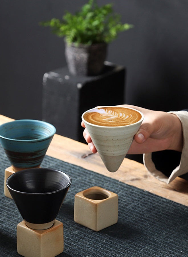 هومستر كأس إسبريسو الخشنة السيراميك ، الشاي الشخصي الخمر الفخار الفخار كوب القمع كوب القهوة مع قاعدة مقاومة للحرارة على الطراز الياباني لاتي كابوتشينو شكل مخروط مثلث للمكتب المنزلي - Image 4