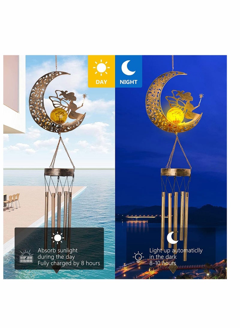 KASTWAVE Solar Wind Chimes, Moon Fairy Hanging Outdoor Decor, Sun Crackle Glass Ball Warm Memorial Wind Chimes Light Patio Lawn Yard Gardening Gifts, LED Garden Decoration Iron Hollow Outdoor Landscape Lamp - Image 3