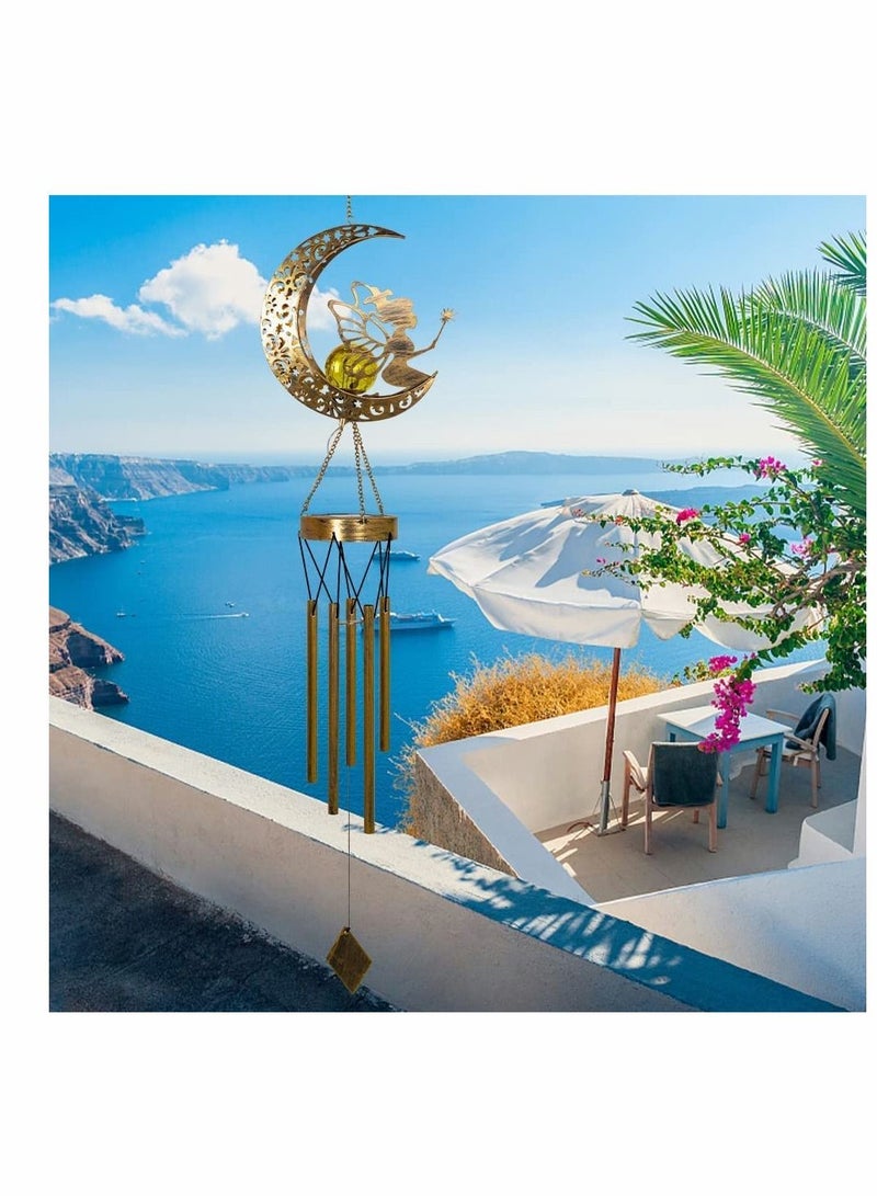 KASTWAVE Solar Wind Chimes, Moon Fairy Hanging Outdoor Decor, Sun Crackle Glass Ball Warm Memorial Wind Chimes Light Patio Lawn Yard Gardening Gifts, LED Garden Decoration Iron Hollow Outdoor Landscape Lamp - Image 5