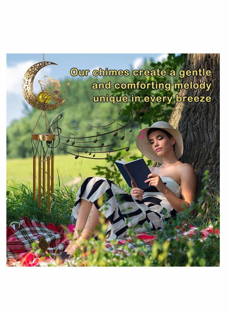 KASTWAVE Solar Wind Chimes, Moon Fairy Hanging Outdoor Decor, Sun Crackle Glass Ball Warm Memorial Wind Chimes Light Patio Lawn Yard Gardening Gifts, LED Garden Decoration Iron Hollow Outdoor Landscape Lamp - Image 2