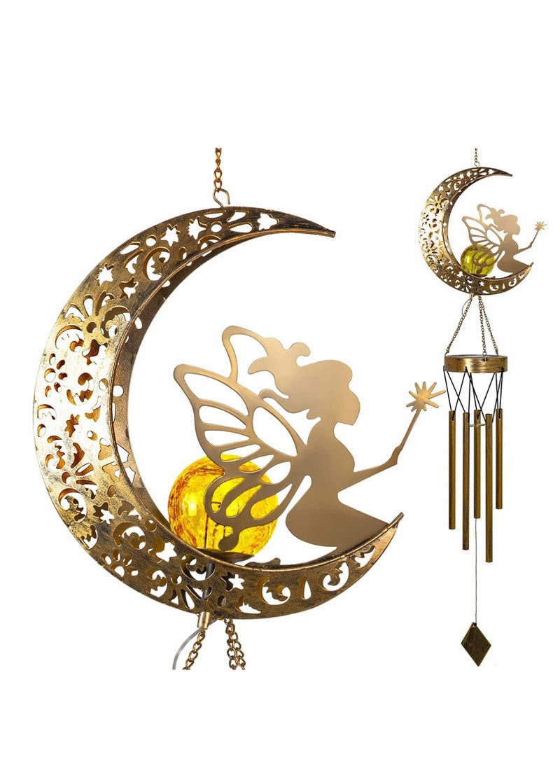 KASTWAVE Solar Wind Chimes, Moon Fairy Hanging Outdoor Decor, Sun Crackle Glass Ball Warm Memorial Wind Chimes Light Patio Lawn Yard Gardening Gifts, LED Garden Decoration Iron Hollow Outdoor Landscape Lamp - Image 1