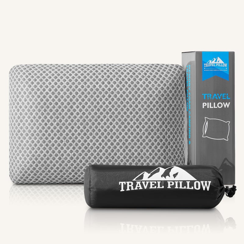 PEUJEW Travel Pillow Memory Foam Pillows, Camping Pillow-Compressible Medium Firm, Breathable Cover, Ideal Backpacking Hiking, Bed Pillows, Airplane and Car (Light Grey, M) - Image 1