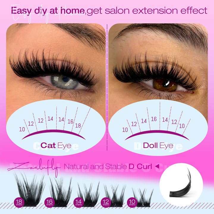 zanlufly Wispy Lash Clusters Natural Lash Extensions D Curly Eyelash Clusters DIY Eyelash Extensions 10-18MM Cluster Eyelash Extensions 180Pcs Individual Cluster Lashes by ZANLUFLY - Image 2