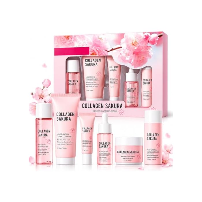 Collagen Sakura Skin Care Set, 6-Piece Hydrating Facial Kit | with Cleanser Toner Serum Eye Cream Face Cream Lotion