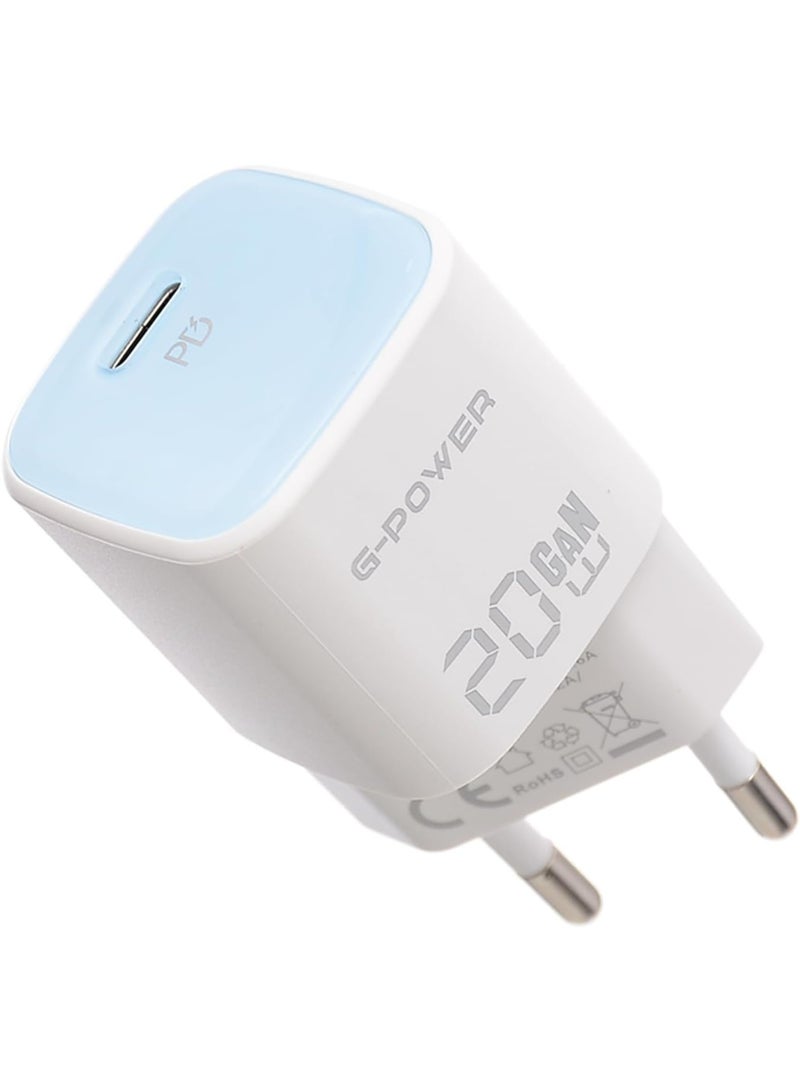جي باور شاحن سريع G-Power GP-C24 بمنفذ USB-C واحد بقوة 20 وات من Qualcomm متوافق مع iPhone 16/14/14 Plus/14 Pro/14 Pro Max/13، Samsung، Xiaomi، Pixel 4/3، iPad/iPad - أزرق - Image 1