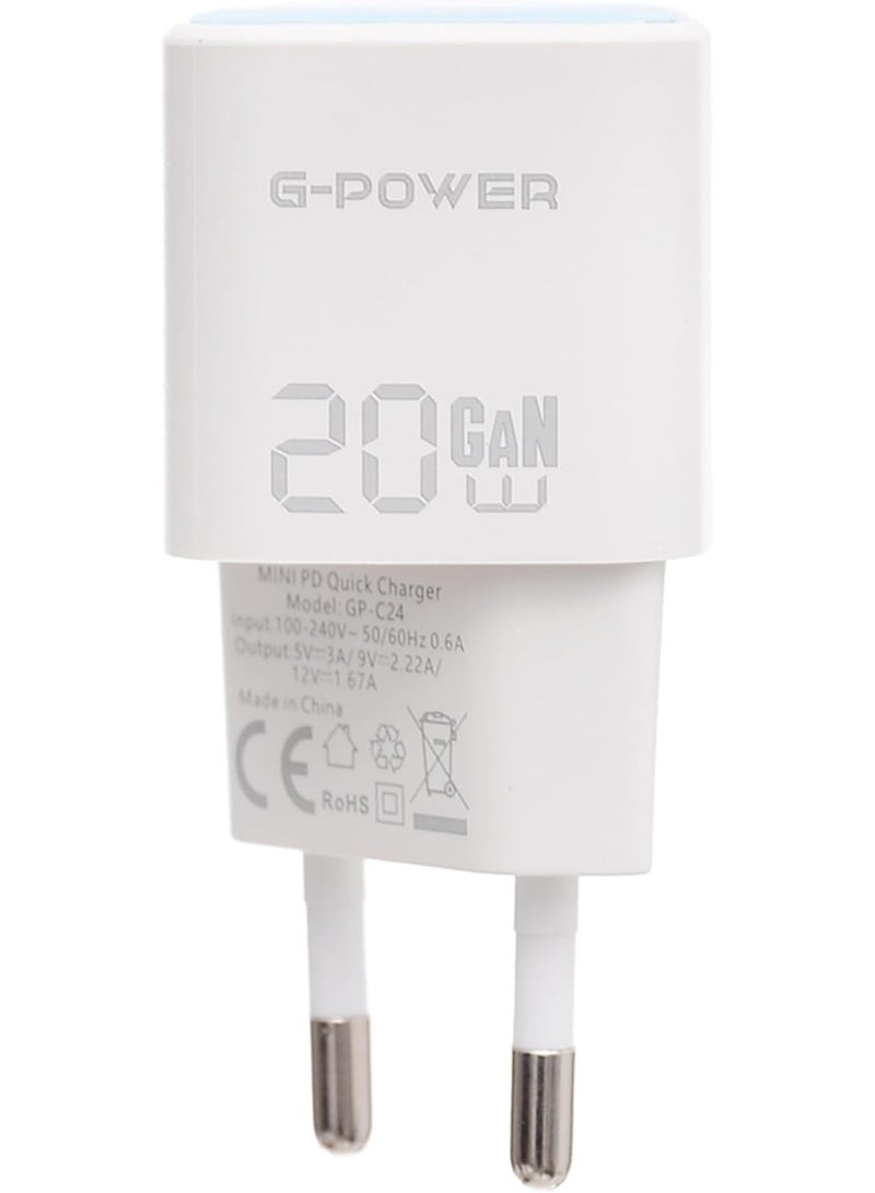 جي باور شاحن سريع G-Power GP-C24 بمنفذ USB-C واحد بقوة 20 وات من Qualcomm متوافق مع iPhone 16/14/14 Plus/14 Pro/14 Pro Max/13، Samsung، Xiaomi، Pixel 4/3، iPad/iPad - أزرق - Image 2