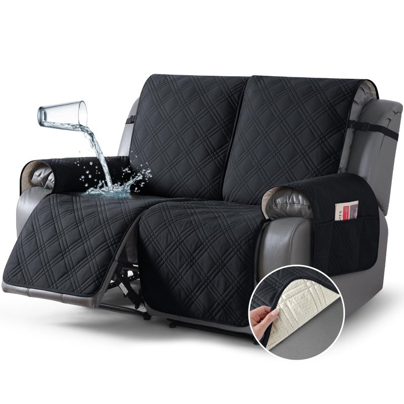 TAOCOCO 100 Waterproof Loveseat Recliner Cover Non Slip Split Loveseat Covers for Reclining Loveseat with Elastic Straps Washable Recliner ChairFurniture Protector for Kids Pets2 Seater Black