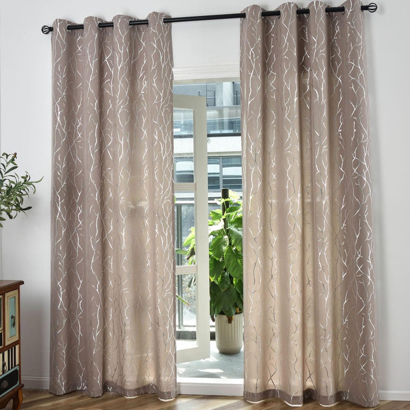 Kotile Taupe Curtains 63 Inch Length  Metallic Silver Foil Tree Branch Curtains for Bedroom  Grommet Privacy Semi-Sheer Curtains 2 Panels  52 x 63 Inch Each  Taupe Silver - Image 2