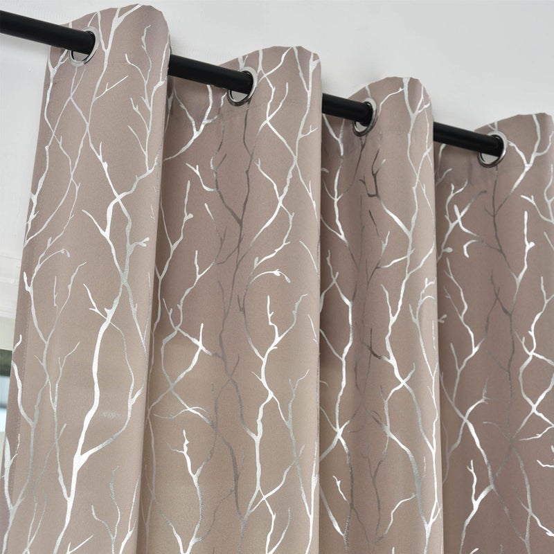 Kotile Taupe Curtains 63 Inch Length  Metallic Silver Foil Tree Branch Curtains for Bedroom  Grommet Privacy Semi-Sheer Curtains 2 Panels  52 x 63 Inch Each  Taupe Silver - Image 3