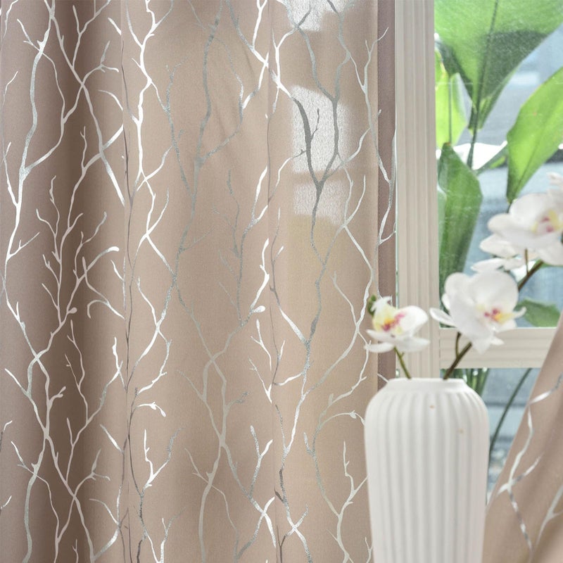 Kotile Taupe Curtains 63 Inch Length  Metallic Silver Foil Tree Branch Curtains for Bedroom  Grommet Privacy Semi-Sheer Curtains 2 Panels  52 x 63 Inch Each  Taupe Silver - Image 4