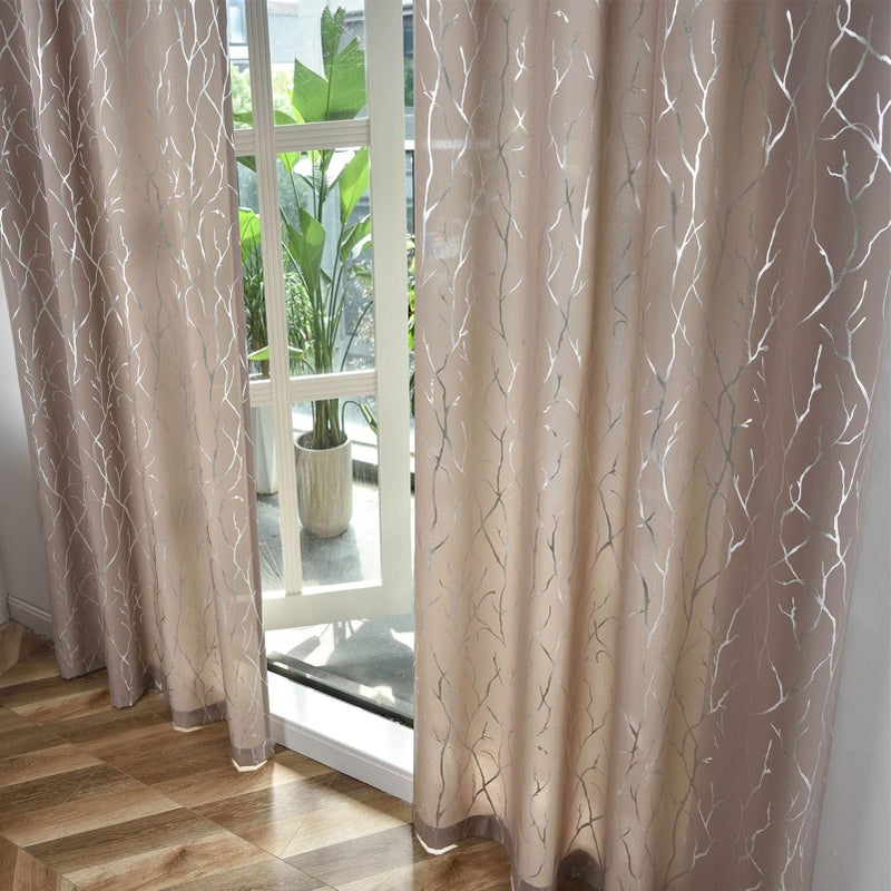 Kotile Taupe Curtains 63 Inch Length  Metallic Silver Foil Tree Branch Curtains for Bedroom  Grommet Privacy Semi-Sheer Curtains 2 Panels  52 x 63 Inch Each  Taupe Silver - Image 5