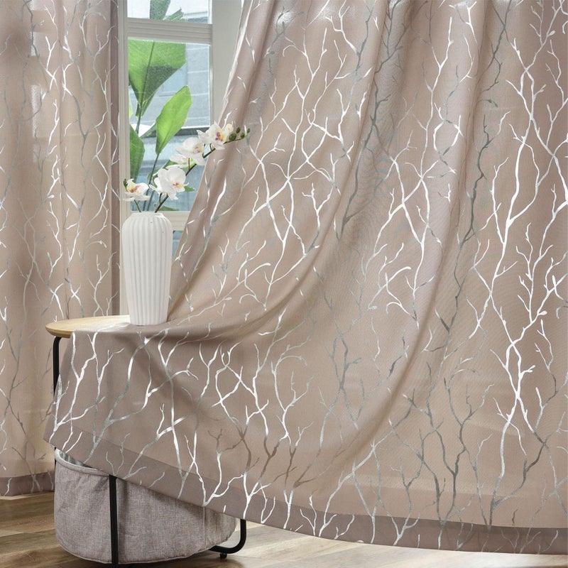 Kotile Taupe Curtains 63 Inch Length  Metallic Silver Foil Tree Branch Curtains for Bedroom  Grommet Privacy Semi-Sheer Curtains 2 Panels  52 x 63 Inch Each  Taupe Silver - Image 1