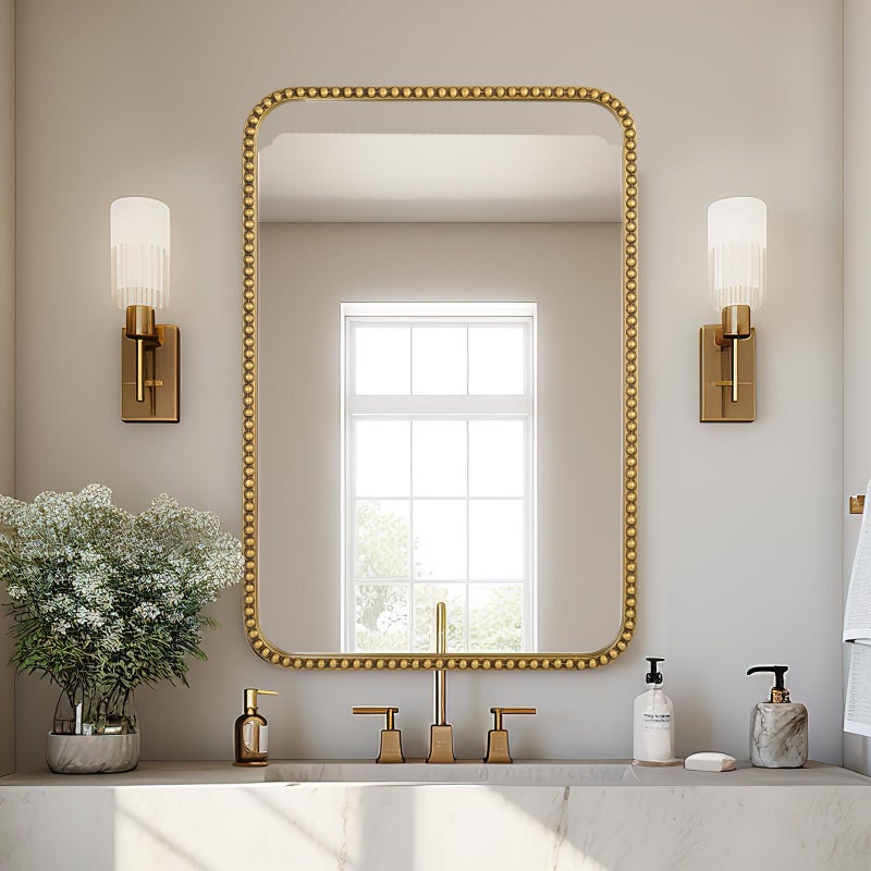 Fobule Wall Mirror for Bathroom - 20"x30" Rectangle Rounded Corner Beaded Frame Mirror, Large Vanity Mirror Hangs Horizontal or Vertical, Antique Gold - Image 5