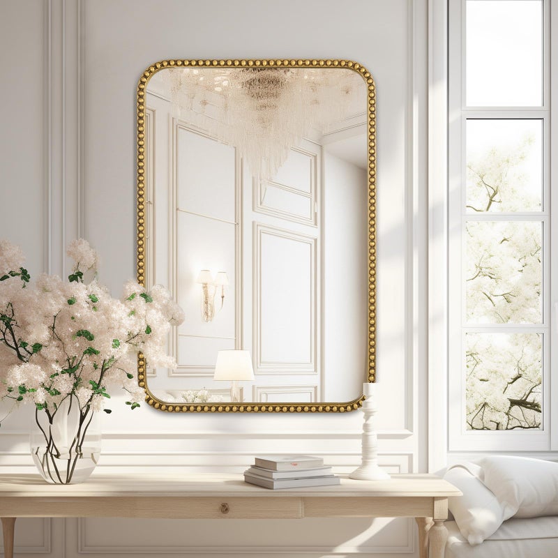 Fobule Wall Mirror for Bathroom - 20"x30" Rectangle Rounded Corner Beaded Frame Mirror, Large Vanity Mirror Hangs Horizontal or Vertical, Antique Gold - Image 2